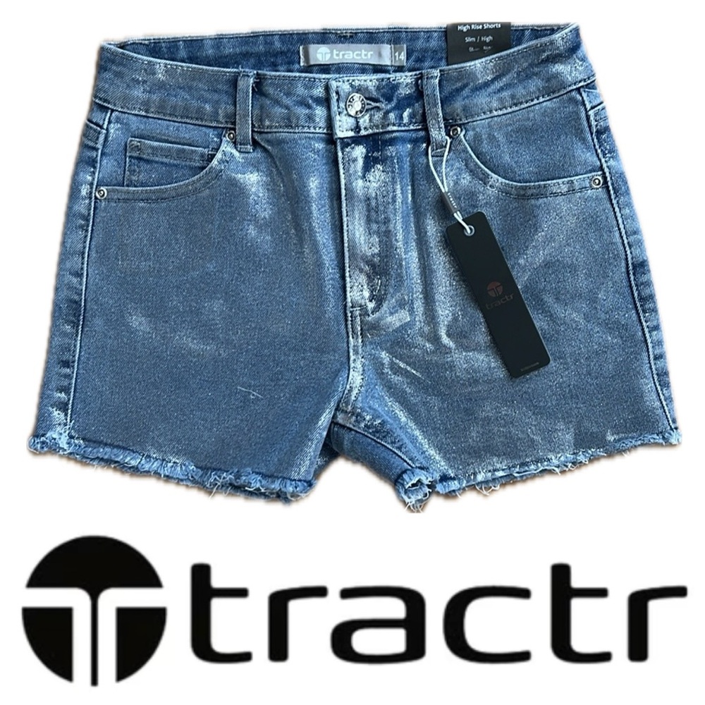 🩶14Jr High Rise Slim Fit Metallic Foil Fray Hem Denim Shorts by Tractr | Indigo - Picture 17 of 17
